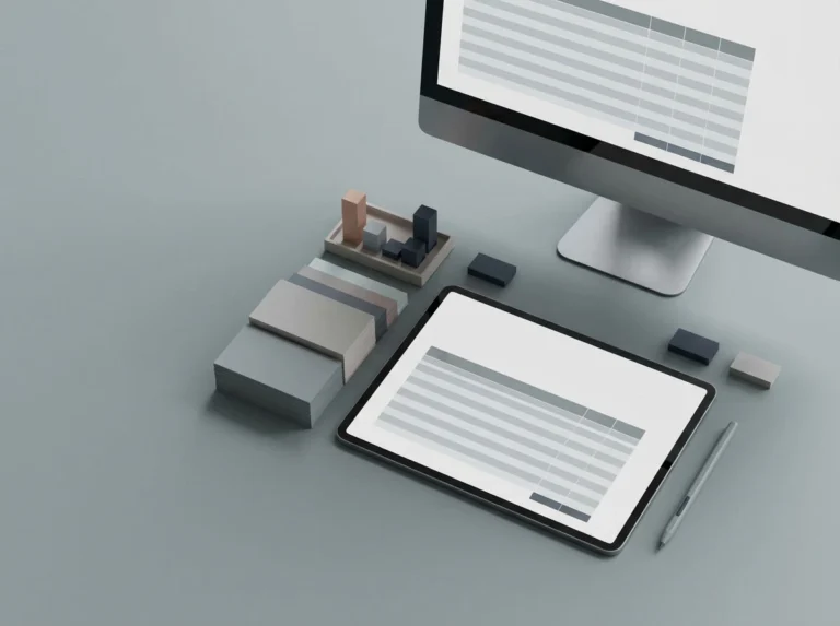 Desktop monitor and tablet showing blank data rows next to stacked sorting cards for data processing automation.
