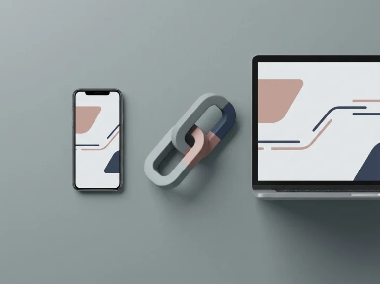 Laptop and smartphone connected by interlocking geometric rings, representing software platform sync and integration.