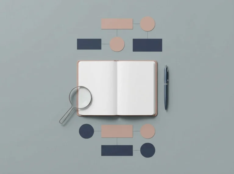 Open blank notebook and magnifying glass alongside a geometric flowchart, representing a business workflow audit.