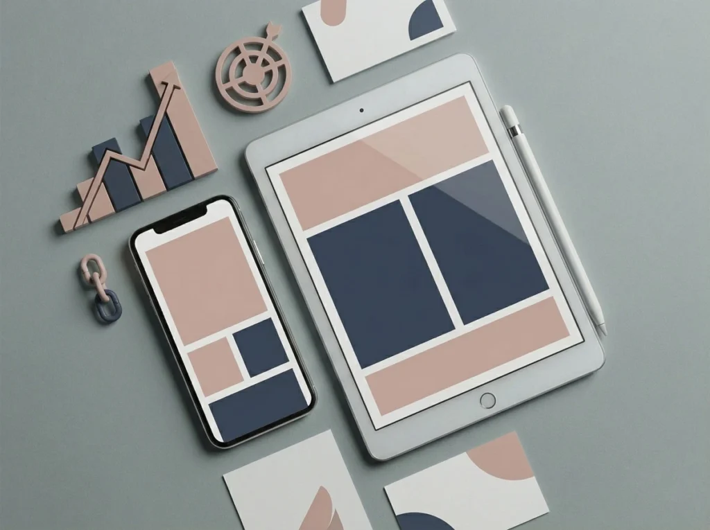 Clean desk layout featuring a tablet, smartphone, and abstract target icon symbolising digital ad management.