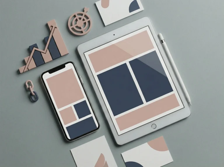 Clean desk layout featuring a tablet, smartphone, and abstract target icon symbolising digital ad management.