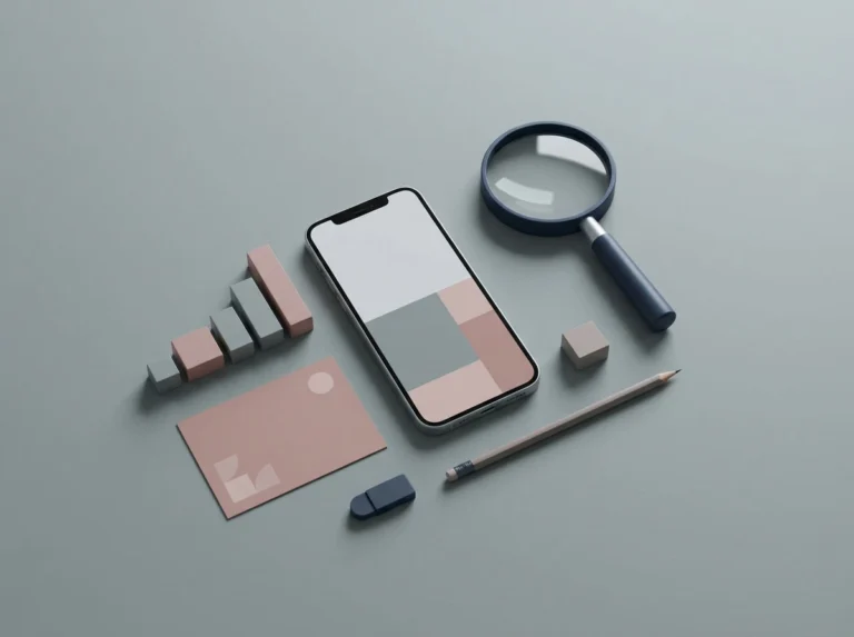 Minimalist flat lay with a smartphone, magnifying glass, and geometric bar chart representing SEO foundation services.