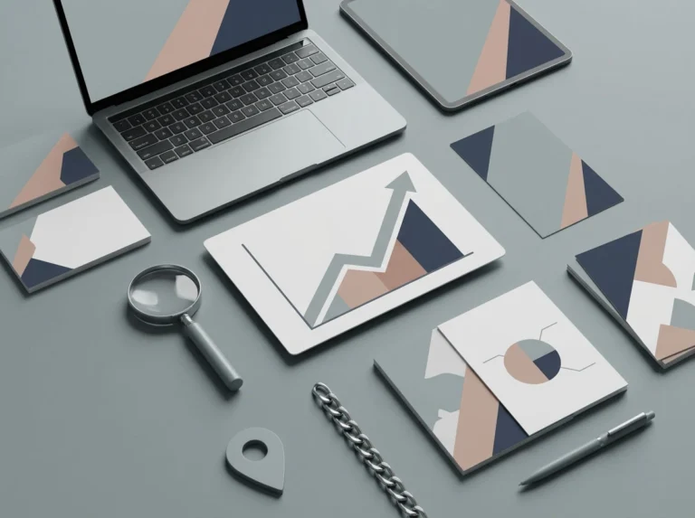 Tablet displaying an abstract upward line graph surrounded by geometric shapes, illustrating SEO growth and performance.