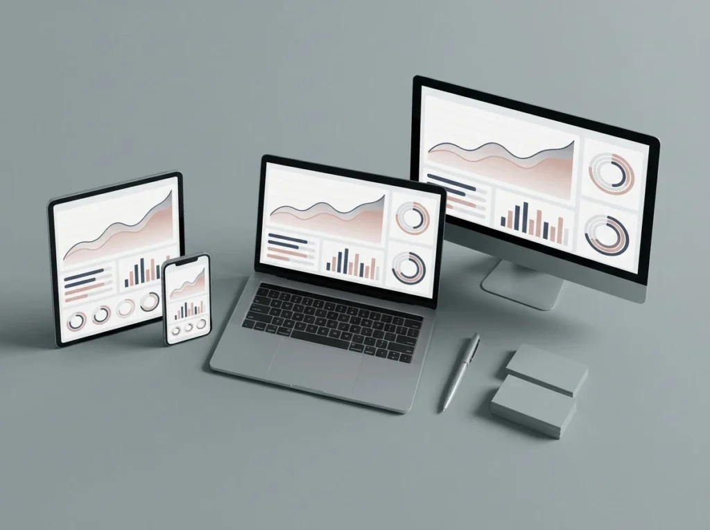 Multiple devices including a desktop, laptop, tablet, and phone displaying matching data dashboard visuals for custom analytics reporting.