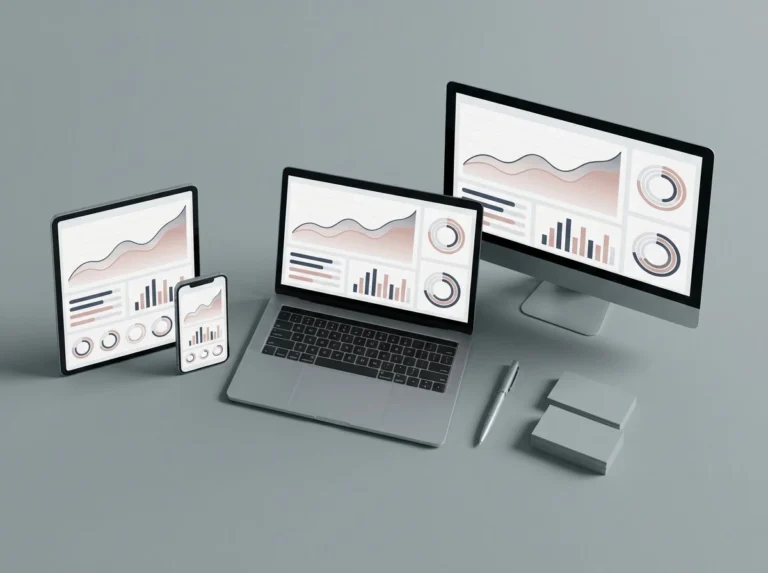 Multiple devices including a desktop, laptop, tablet, and phone displaying matching data dashboard visuals for custom analytics reporting.