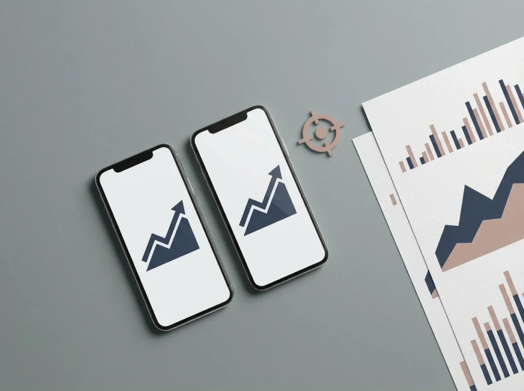 Two smartphones displaying upward line graphs beside a target icon and printed bar charts, illustrating web analytics tracking setup.