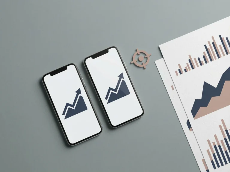 Two smartphones displaying upward line graphs beside a target icon and printed bar charts, illustrating web analytics tracking setup.