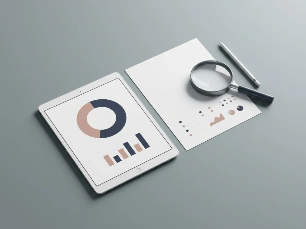 Tablet displaying an abstract donut chart next to a paper report, magnifying glass, and pen, representing a website performance audit.