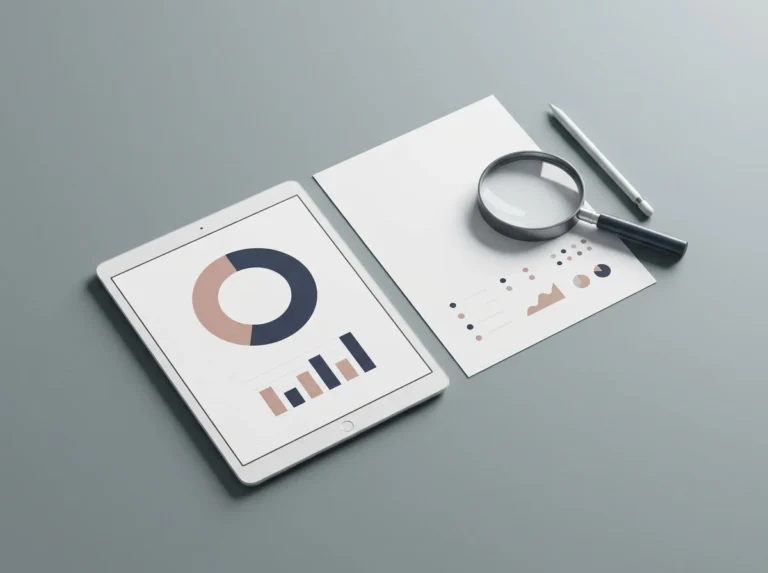 Tablet displaying an abstract donut chart next to a paper report, magnifying glass, and pen, representing a website performance audit.