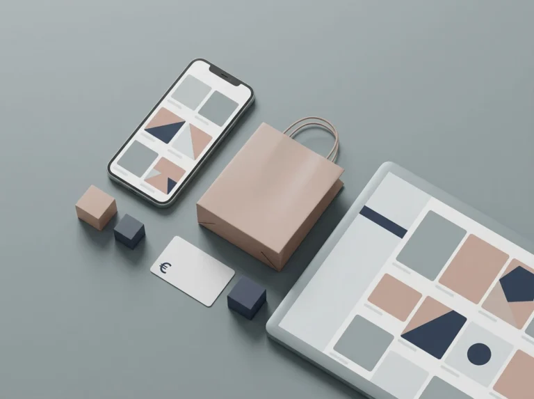Smartphone showing an abstract product grid next to a minimal shopping bag, representing ecommerce web development.