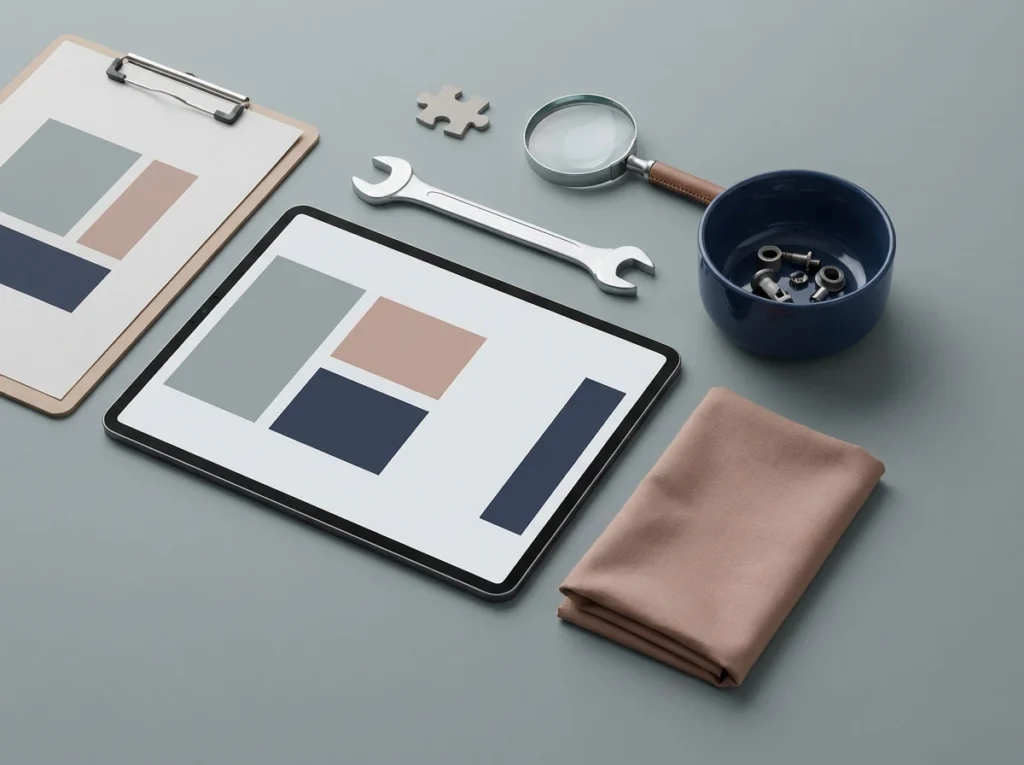 Tablet displaying abstract blocks next to a silver wrench and magnifying glass, illustrating website rescue and repair services.