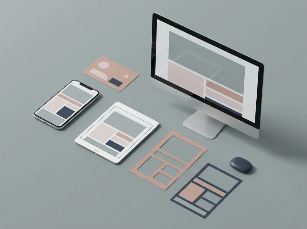 Desktop monitor, tablet, and phone displaying blank wireframe layouts for a starter website design package.