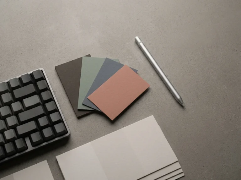 Brand identity elements including colour palette swatches, typography samples and a logo mark
