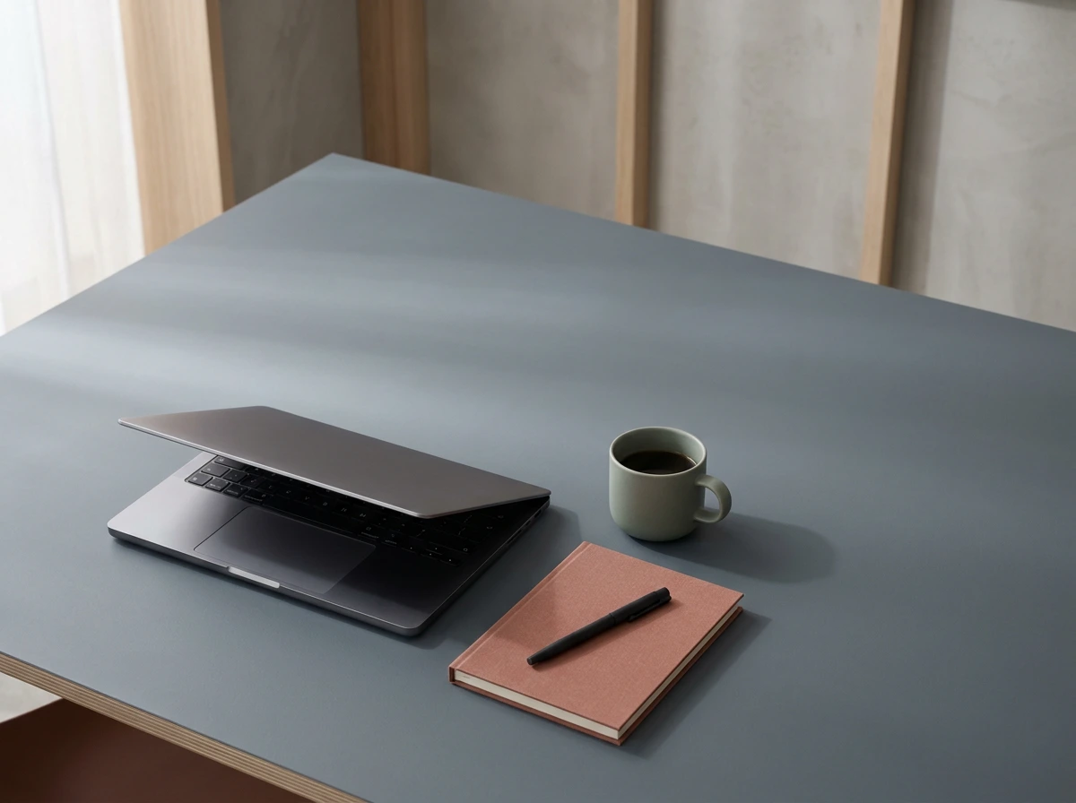 Abstract composition of a laptop and upward growth trajectory elements suggesting a high-performing business website on a warm charcoal surface